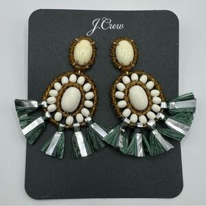 J. Crew Bead and Raffia Fringe Stone Drop Earrings with Dust Bag